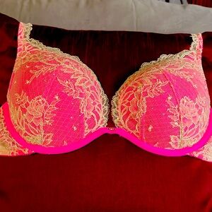 Victoria Secret hot pink with rhinestones beige lace detailing push-up bra. 34D